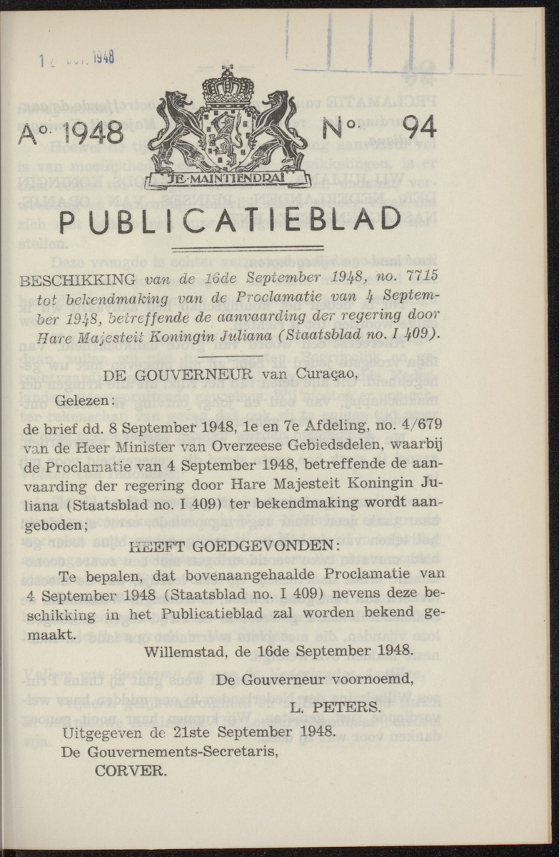 Publicatieblad van Curaçao en onderhoorigheden, behelzende de publicatien, notificatien, reglementen ... voor die bezittingen uitgevaardigd in de jaren .. - 
