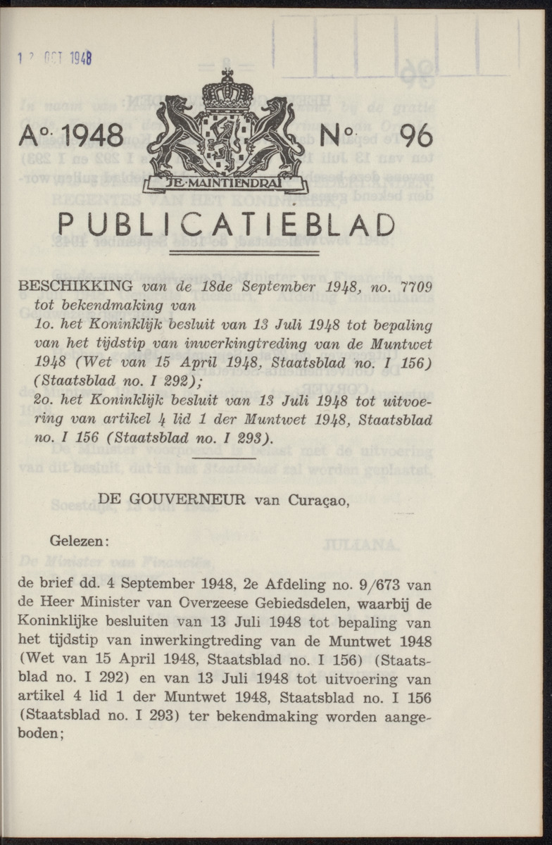 Publicatieblad van Curaçao en onderhoorigheden, behelzende de publicatien, notificatien, reglementen ... voor die bezittingen uitgevaardigd in de jaren .. - 