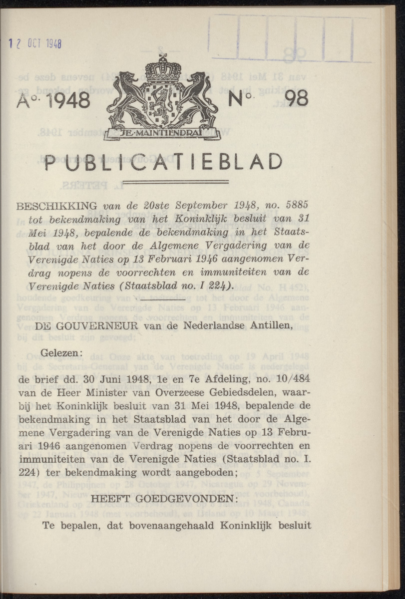 Publicatieblad van Curaçao en onderhoorigheden, behelzende de publicatien, notificatien, reglementen ... voor die bezittingen uitgevaardigd in de jaren .. - 