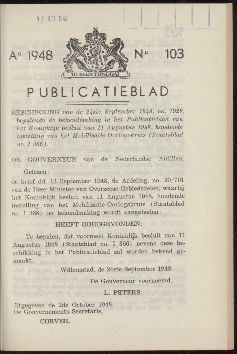 Publicatieblad van Curaçao en onderhoorigheden, behelzende de publicatien, notificatien, reglementen ... voor die bezittingen uitgevaardigd in de jaren .. - 
