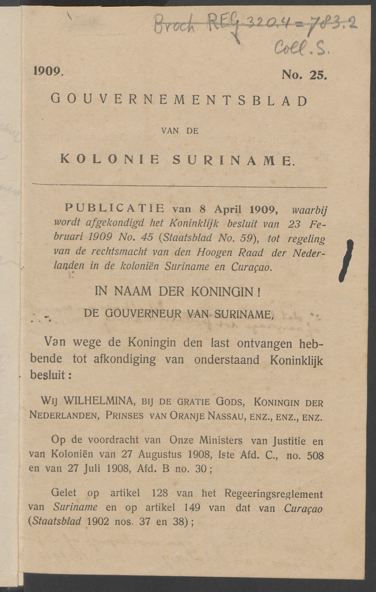 [Regeling van de rechtsmacht van den Hoogen raad der Nederlanden in de koloniën Suriname en Curaçao] - 