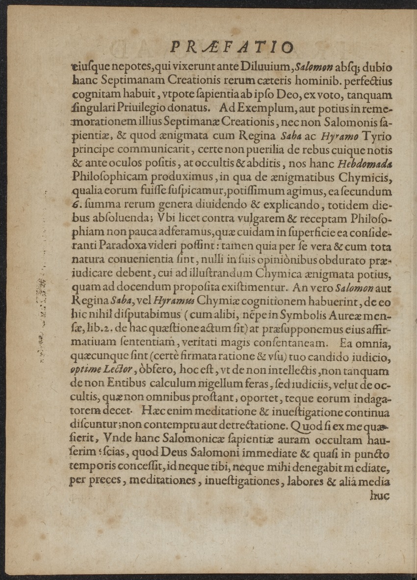 Septimana Philosophica, qua Aenigmata aureola de omni naturae genere a Salomone ... et ... Regina Saba, nec non Hyramo ... in modum Colloquii proponuntur & enodantur - 