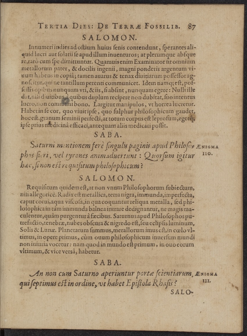 Septimana Philosophica, qua Aenigmata aureola de omni naturae genere a Salomone ... et ... Regina Saba, nec non Hyramo ... in modum Colloquii proponuntur & enodantur - 
