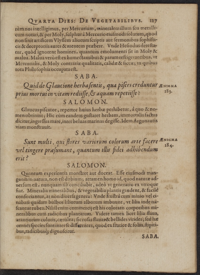 Septimana Philosophica, qua Aenigmata aureola de omni naturae genere a Salomone ... et ... Regina Saba, nec non Hyramo ... in modum Colloquii proponuntur & enodantur - 
