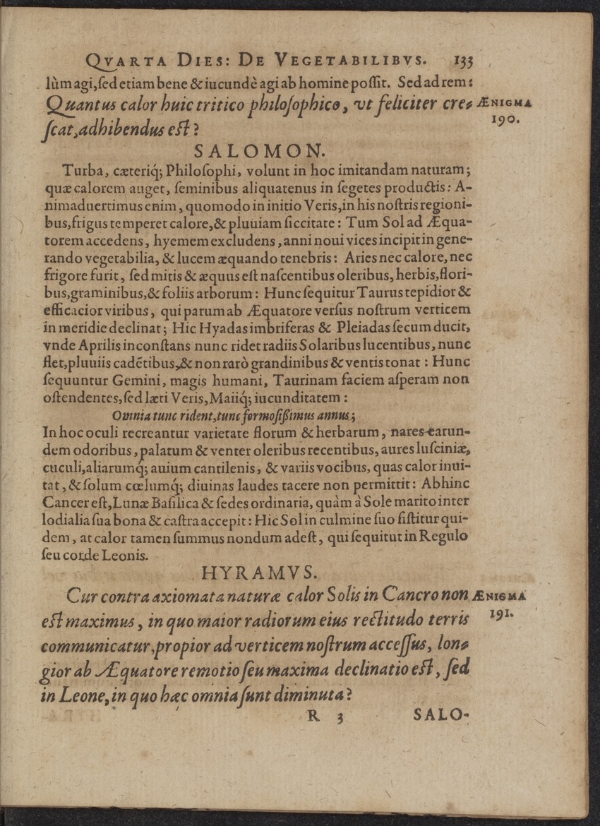 Septimana Philosophica, qua Aenigmata aureola de omni naturae genere a Salomone ... et ... Regina Saba, nec non Hyramo ... in modum Colloquii proponuntur & enodantur - 
