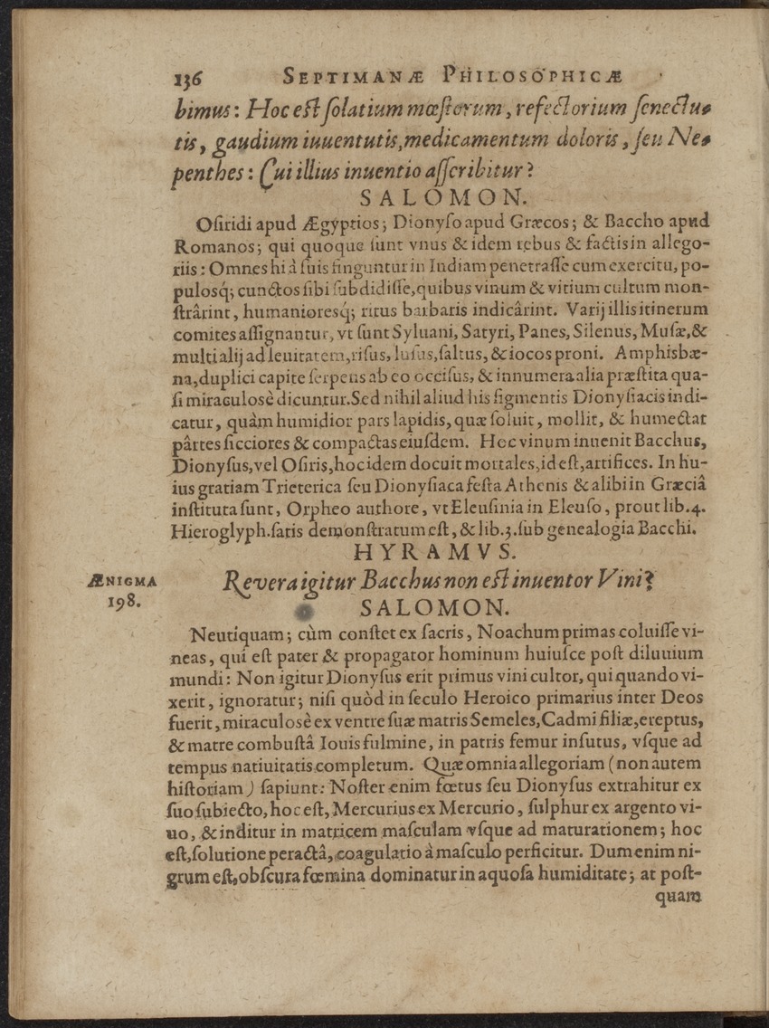 Septimana Philosophica, qua Aenigmata aureola de omni naturae genere a Salomone ... et ... Regina Saba, nec non Hyramo ... in modum Colloquii proponuntur & enodantur - 