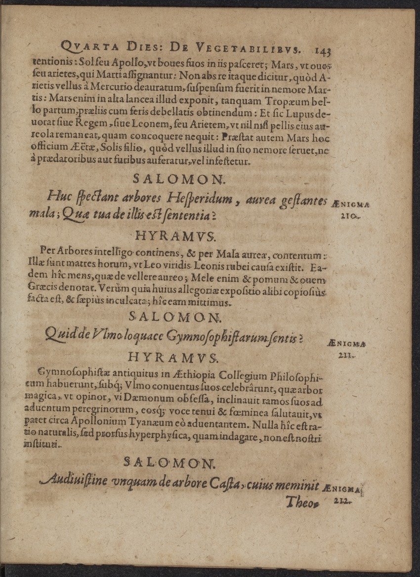 Septimana Philosophica, qua Aenigmata aureola de omni naturae genere a Salomone ... et ... Regina Saba, nec non Hyramo ... in modum Colloquii proponuntur & enodantur - 