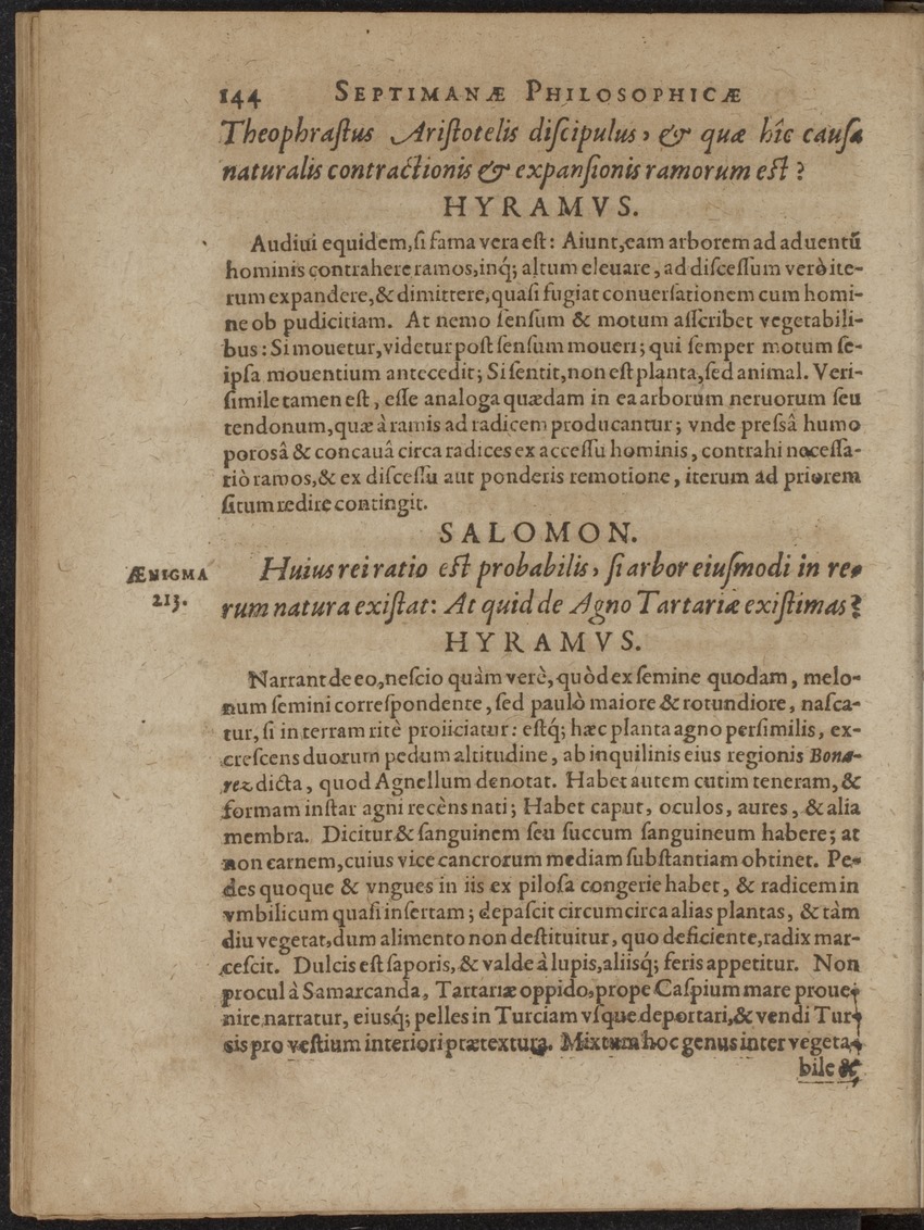 Septimana Philosophica, qua Aenigmata aureola de omni naturae genere a Salomone ... et ... Regina Saba, nec non Hyramo ... in modum Colloquii proponuntur & enodantur - 