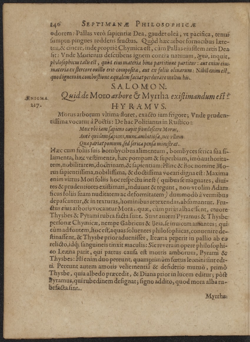 Septimana Philosophica, qua Aenigmata aureola de omni naturae genere a Salomone ... et ... Regina Saba, nec non Hyramo ... in modum Colloquii proponuntur & enodantur - 