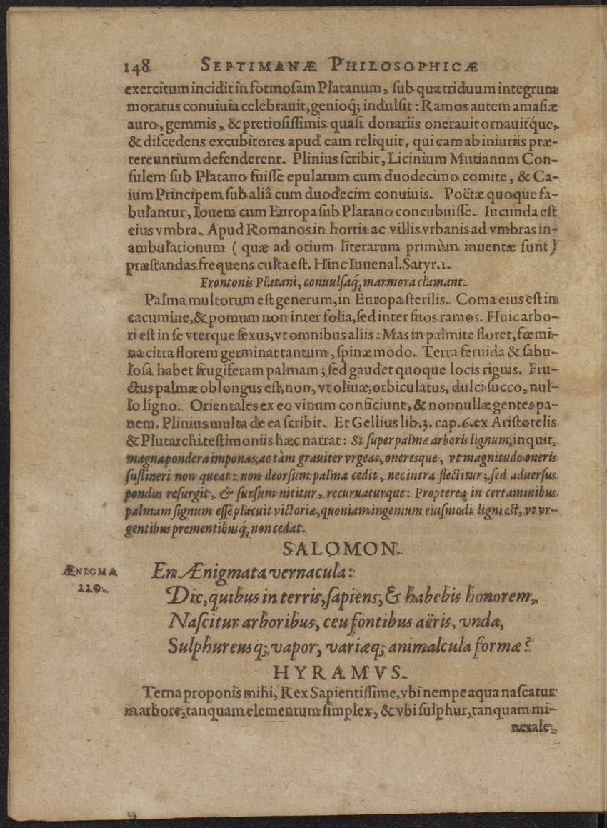 Septimana Philosophica, qua Aenigmata aureola de omni naturae genere a Salomone ... et ... Regina Saba, nec non Hyramo ... in modum Colloquii proponuntur & enodantur - 