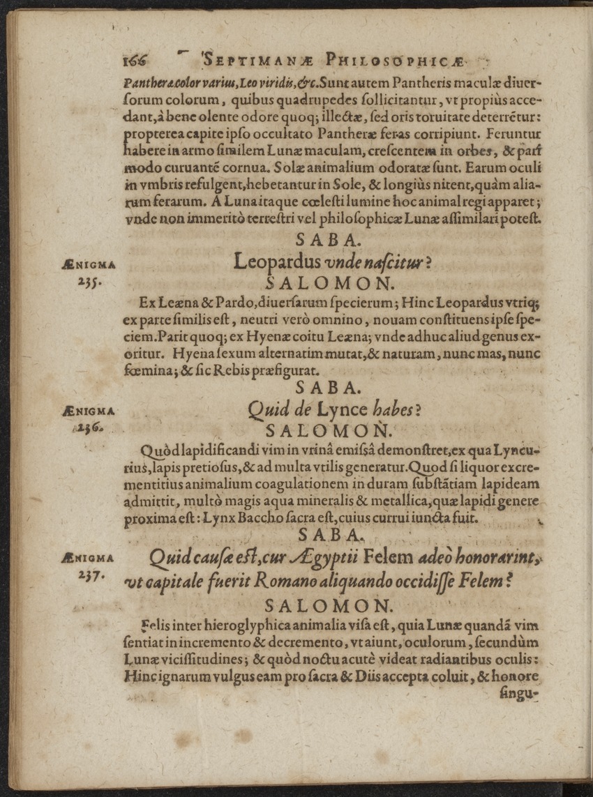 Septimana Philosophica, qua Aenigmata aureola de omni naturae genere a Salomone ... et ... Regina Saba, nec non Hyramo ... in modum Colloquii proponuntur & enodantur - 