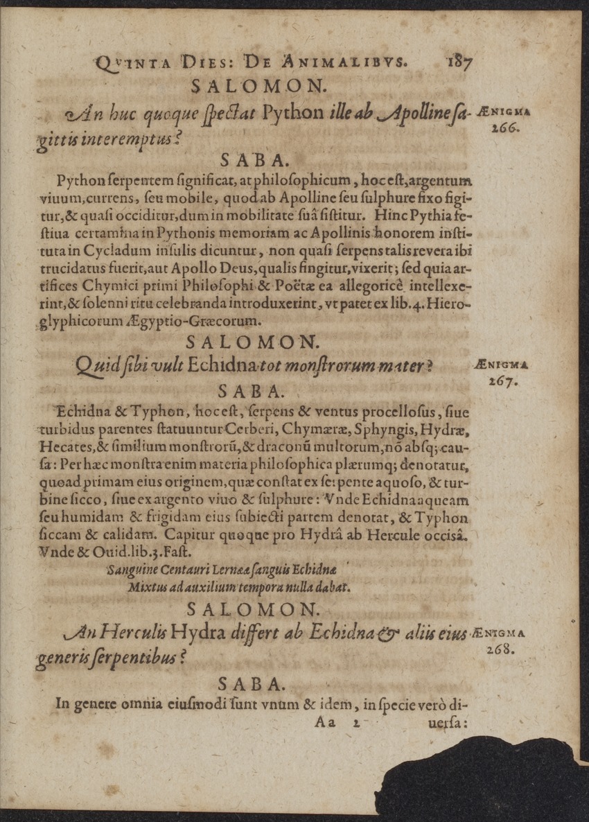 Septimana Philosophica, qua Aenigmata aureola de omni naturae genere a Salomone ... et ... Regina Saba, nec non Hyramo ... in modum Colloquii proponuntur & enodantur - 