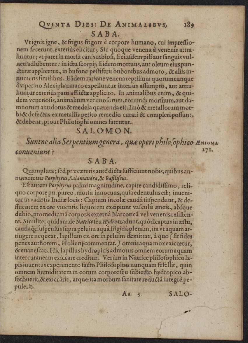 Septimana Philosophica, qua Aenigmata aureola de omni naturae genere a Salomone ... et ... Regina Saba, nec non Hyramo ... in modum Colloquii proponuntur & enodantur - 