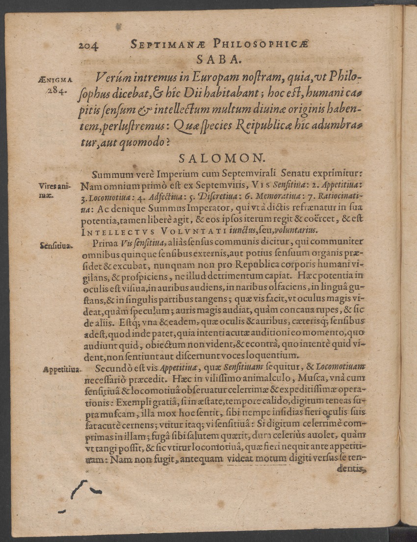 Septimana Philosophica, qua Aenigmata aureola de omni naturae genere a Salomone ... et ... Regina Saba, nec non Hyramo ... in modum Colloquii proponuntur & enodantur - 