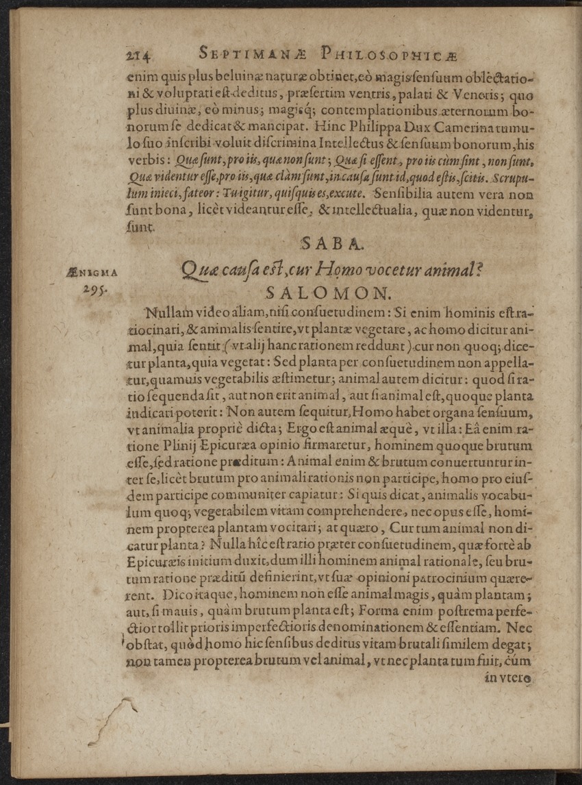 Septimana Philosophica, qua Aenigmata aureola de omni naturae genere a Salomone ... et ... Regina Saba, nec non Hyramo ... in modum Colloquii proponuntur & enodantur - 