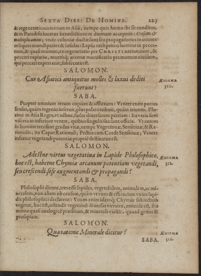 Septimana Philosophica, qua Aenigmata aureola de omni naturae genere a Salomone ... et ... Regina Saba, nec non Hyramo ... in modum Colloquii proponuntur & enodantur - 