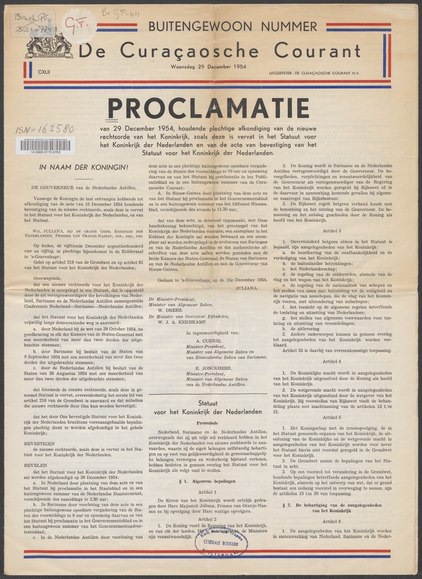 Proclamatie van 29 december 1954, houdende plechtige afkondiging van de nieuwe rechtsorde van het koninkrijk, zoals deze is vervat in het statuut voor het koninkrijk der Nederlanden en van de acte van bevestiging van het statuut voor het koninkrijk der Nederlanden - 