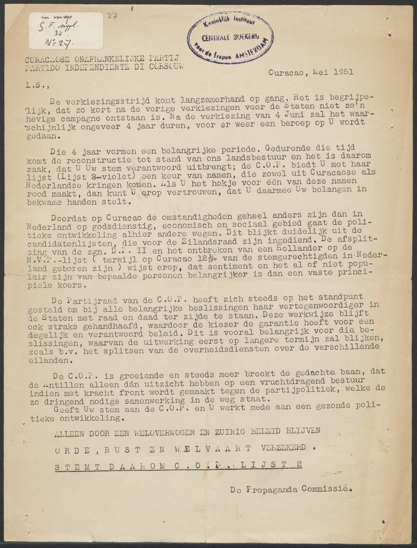 [Politieke partijen en verkiezingen Curaçao, 1941-1958] - 