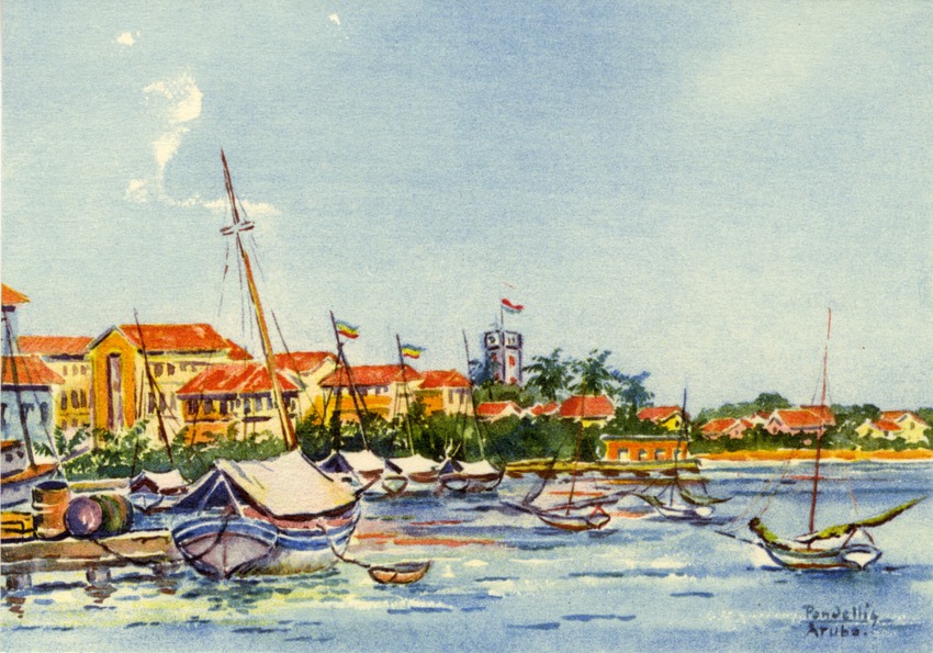 Geschilderde voorstellng van de haven te Oranjestad op Aruba.