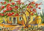 Geschilderde voorstelling van een flamboyant in bloei met op de achtergrond een huisje, te Santa Cruz op Aruba