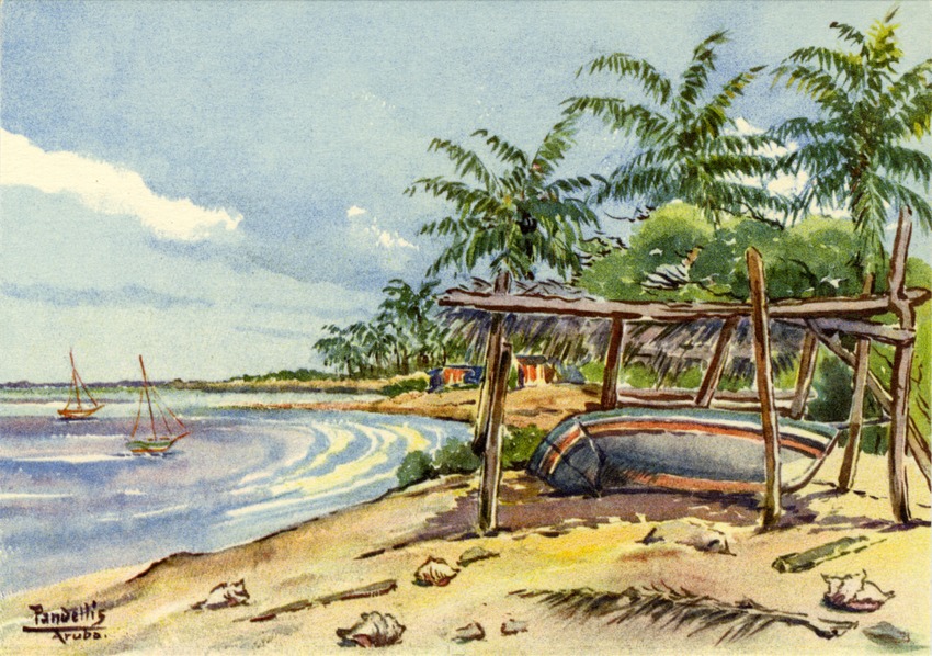 Geschilderde voorstelling van strand bij 'rancho' Palm Beach op Aruba.