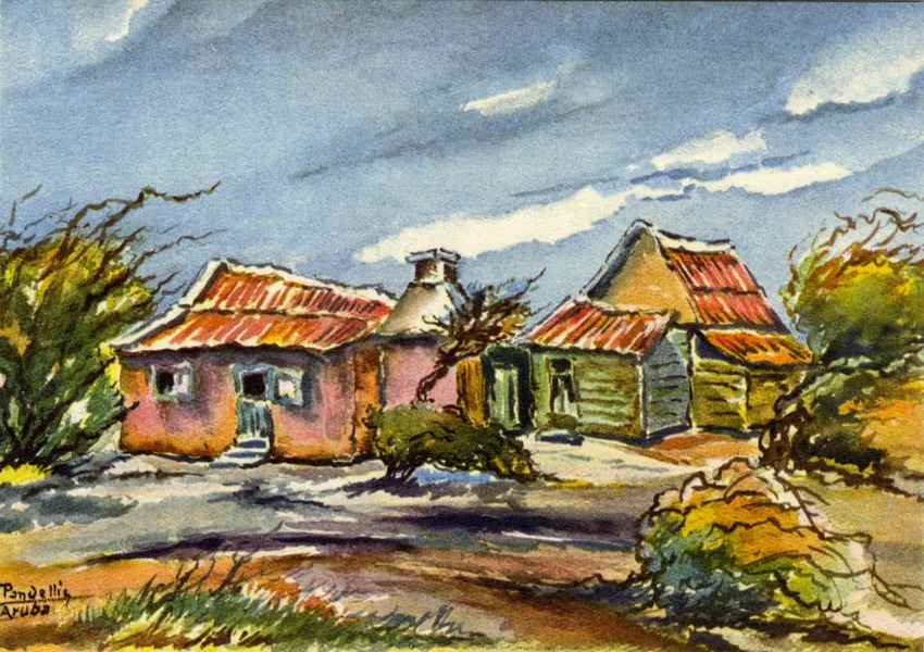 Geschilderde voorstelling van een plattelandshuisje ("cunucu house") op het op Aruba.