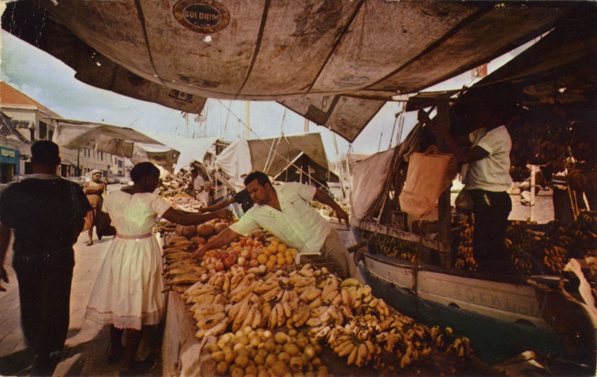 "R-13 Floating market in downtown Willemstad with schooners carrying fruit and vegetables from nearby Venezuela Curacao Netherlands West Indies"