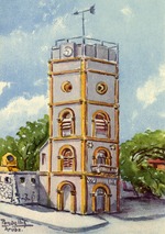 Geschilderde voorstelling van de Toren Willem III bij Fort Zoutman te Orangjestad op Aruba.