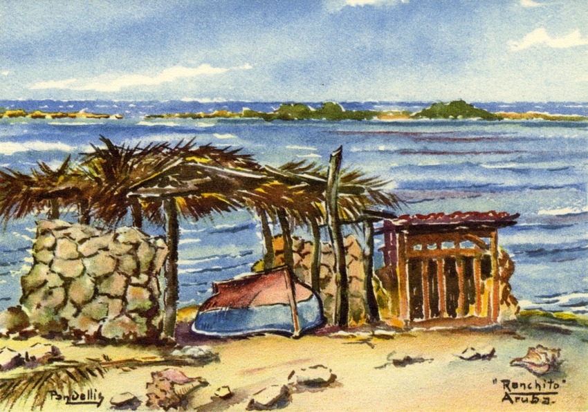 Geschilderde voorstelling van "Ranchito" Savaneta op Aruba.
