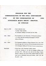 Program for the commemoration of the 250th anniversary of the consecration of Synagogue Mikve Israel-Emanuel of Curacao