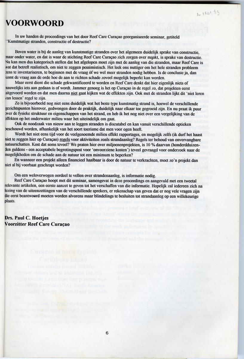 Artificial Beaches: Construction or destruction? - Proceedings of the 1st Reef Care Curacao Seminar - New Page