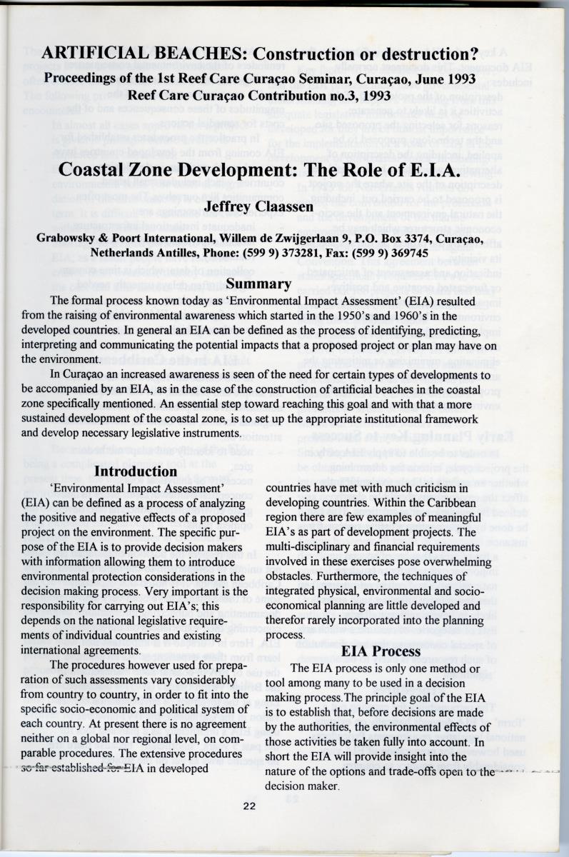 Artificial Beaches: Construction or destruction? - Proceedings of the 1st Reef Care Curacao Seminar - New Page