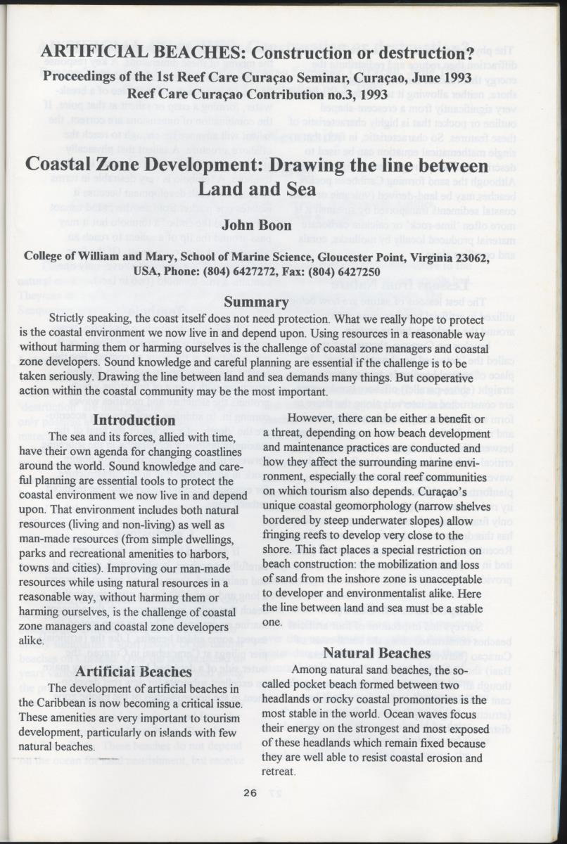 Artificial Beaches: Construction or destruction? - Proceedings of the 1st Reef Care Curacao Seminar - New Page