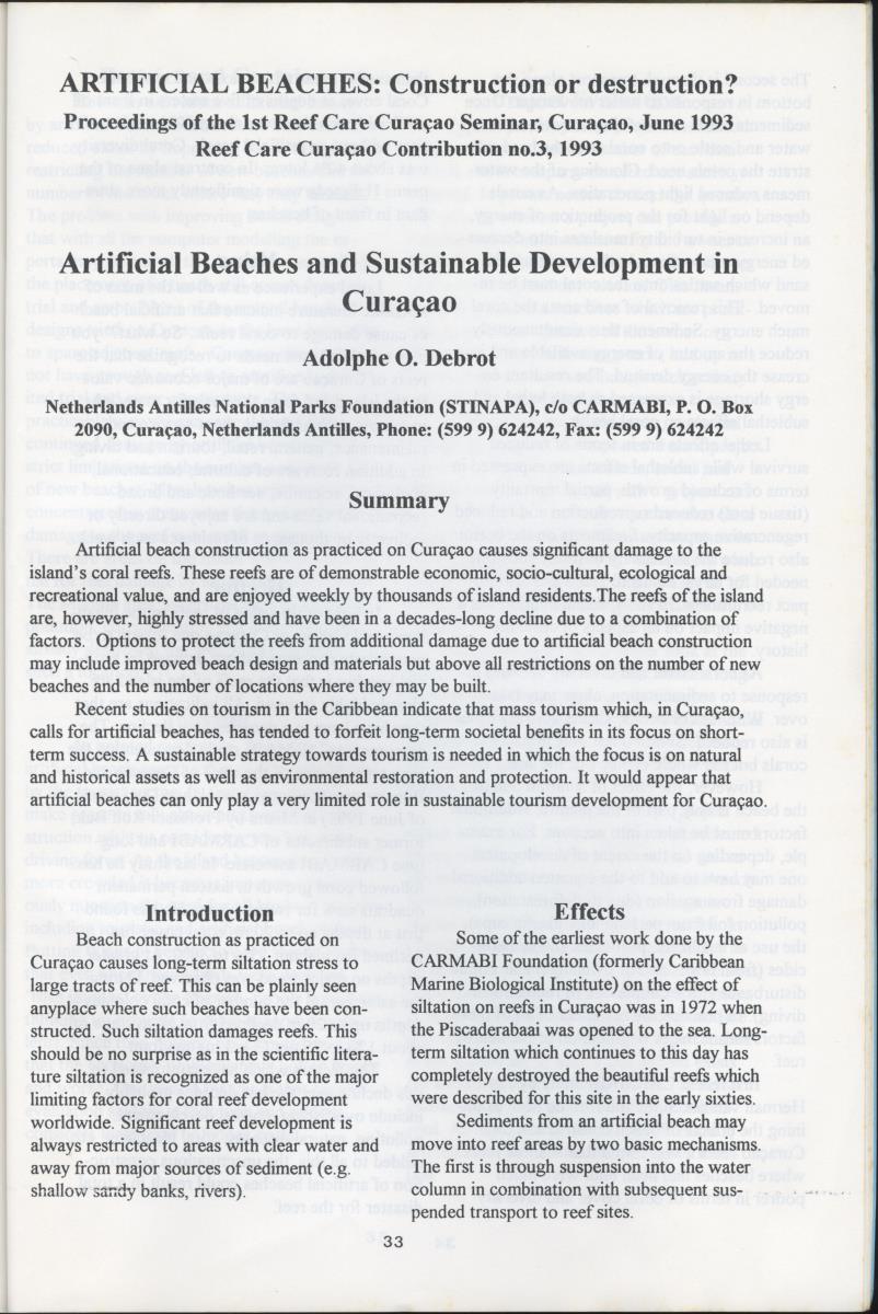 Artificial Beaches: Construction or destruction? - Proceedings of the 1st Reef Care Curacao Seminar - New Page