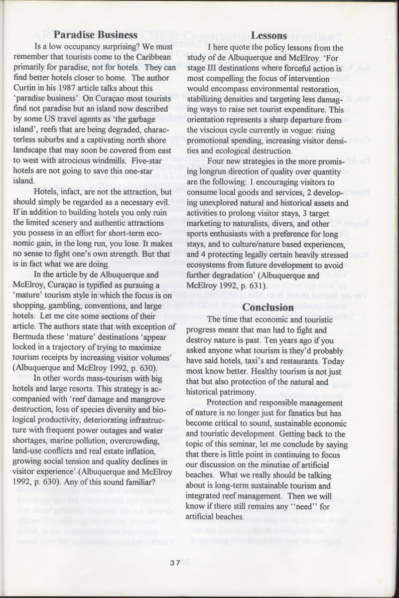 Artificial Beaches: Construction or destruction? - Proceedings of the 1st Reef Care Curacao Seminar - New Page