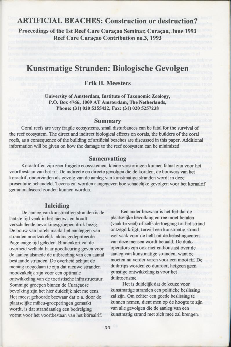 Artificial Beaches: Construction or destruction? - Proceedings of the 1st Reef Care Curacao Seminar - New Page