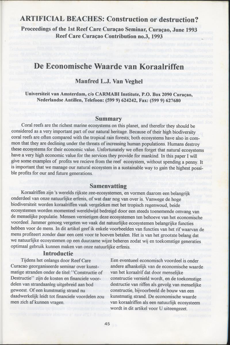Artificial Beaches: Construction or destruction? - Proceedings of the 1st Reef Care Curacao Seminar - New Page