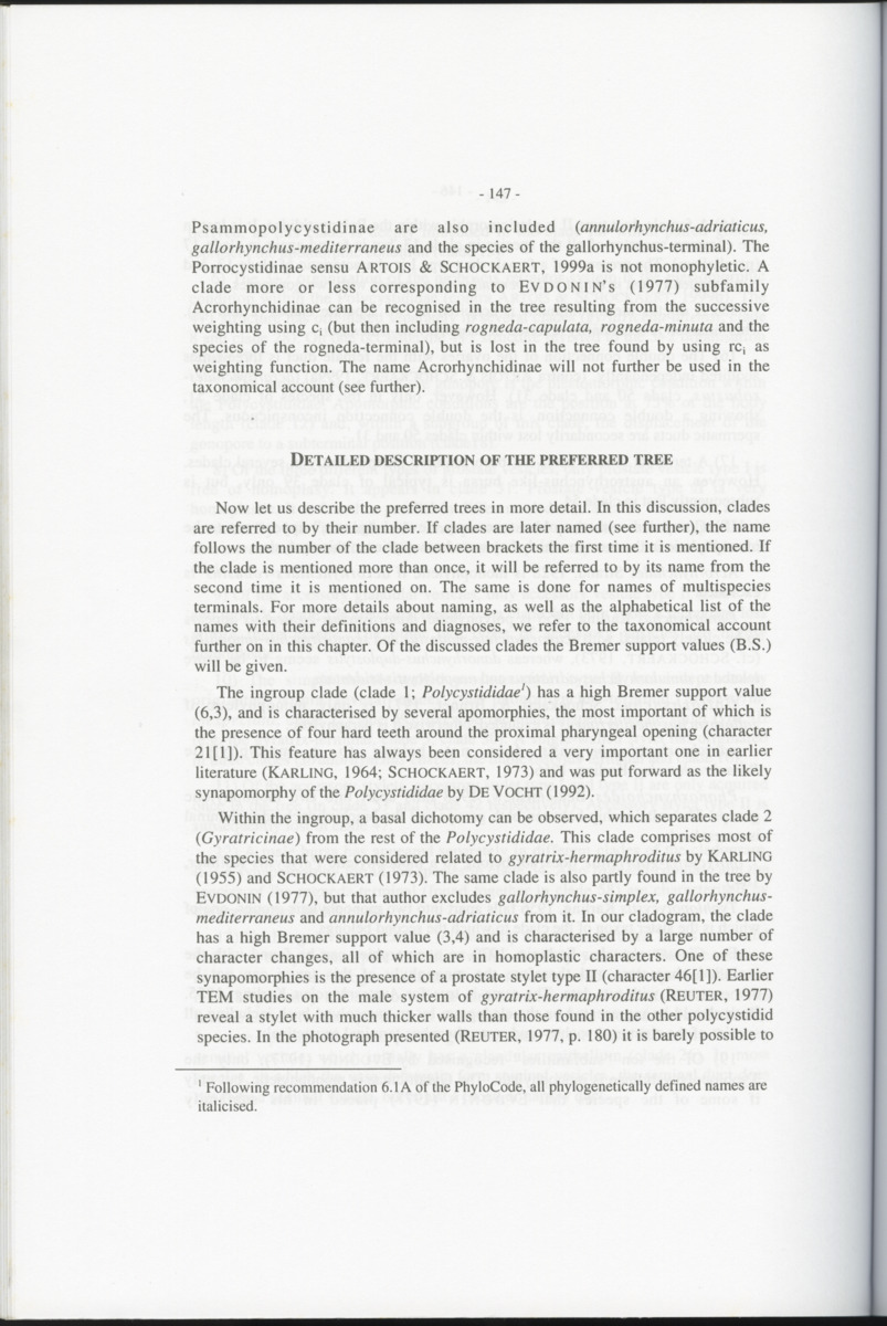 Z-Cladistic analysis of the Polycystididae (Platyhelminthes Kalyptorrhynchia), with application of phylogenetic nomenclature - New Page