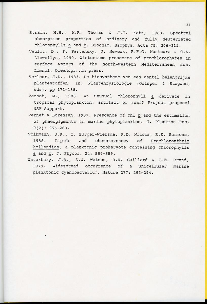 Z Karakterisering van het afwijkende chlorofyl a van vrijlevende mariene prochlorofyten - New Page