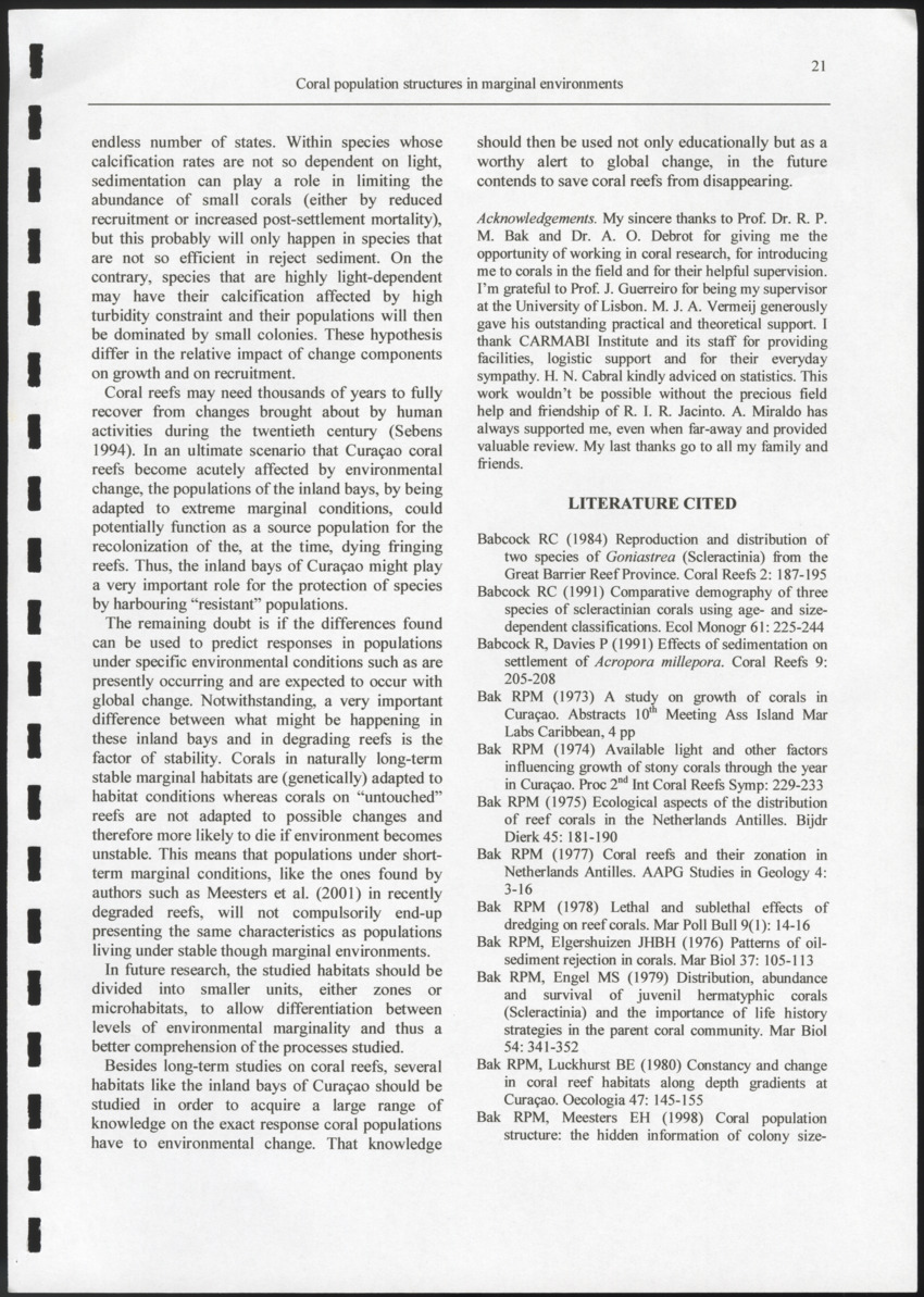 Coral population structures in marfinal environments: the inland bays of Curacao, Netherlands Antilles - New Page