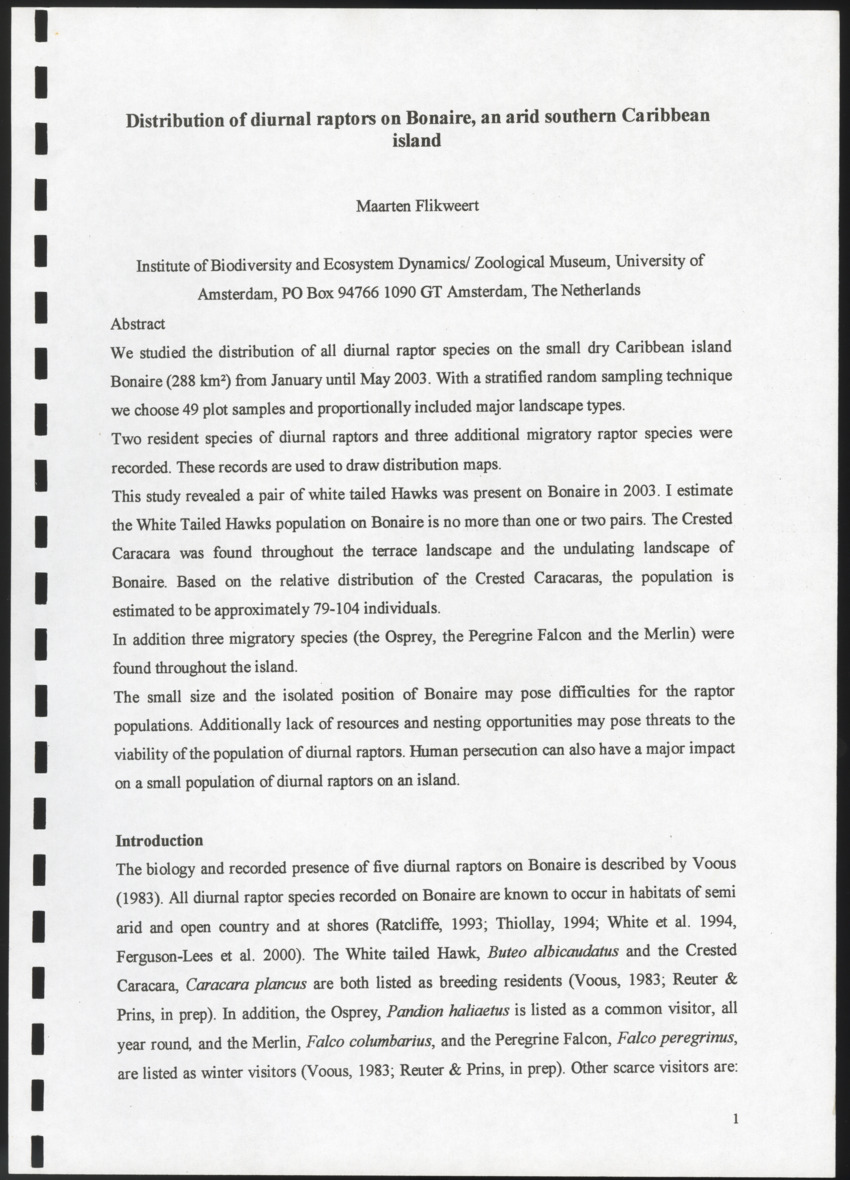 Distribution of diurnal raptors on Bonaire, an arid southern Caribbean island - New Page