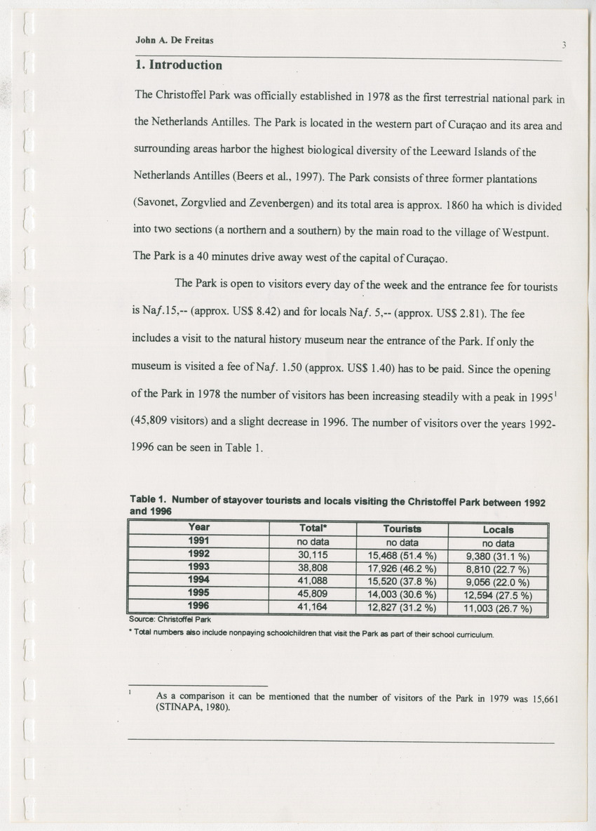 The Christoffel National Park Questionnaire: A survey done among visitors (tourists and locals) in July and August 1996 - New Page