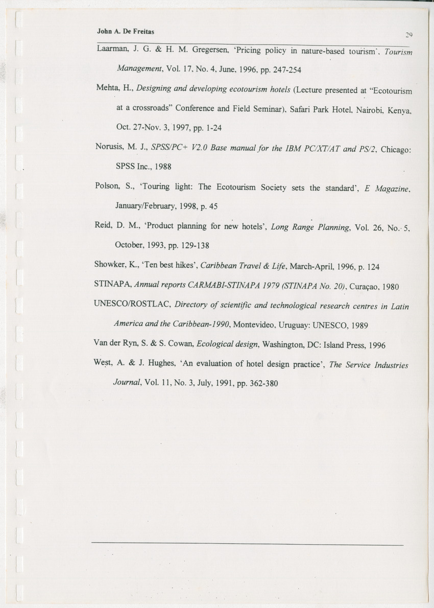 The Christoffel National Park Questionnaire: A survey done among visitors (tourists and locals) in July and August 1996 - New Page