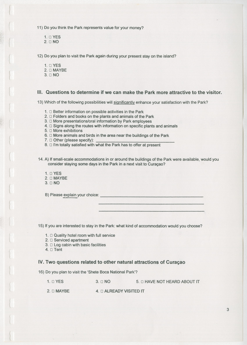 The Christoffel National Park Questionnaire: A survey done among visitors (tourists and locals) in July and August 1996 - New Page