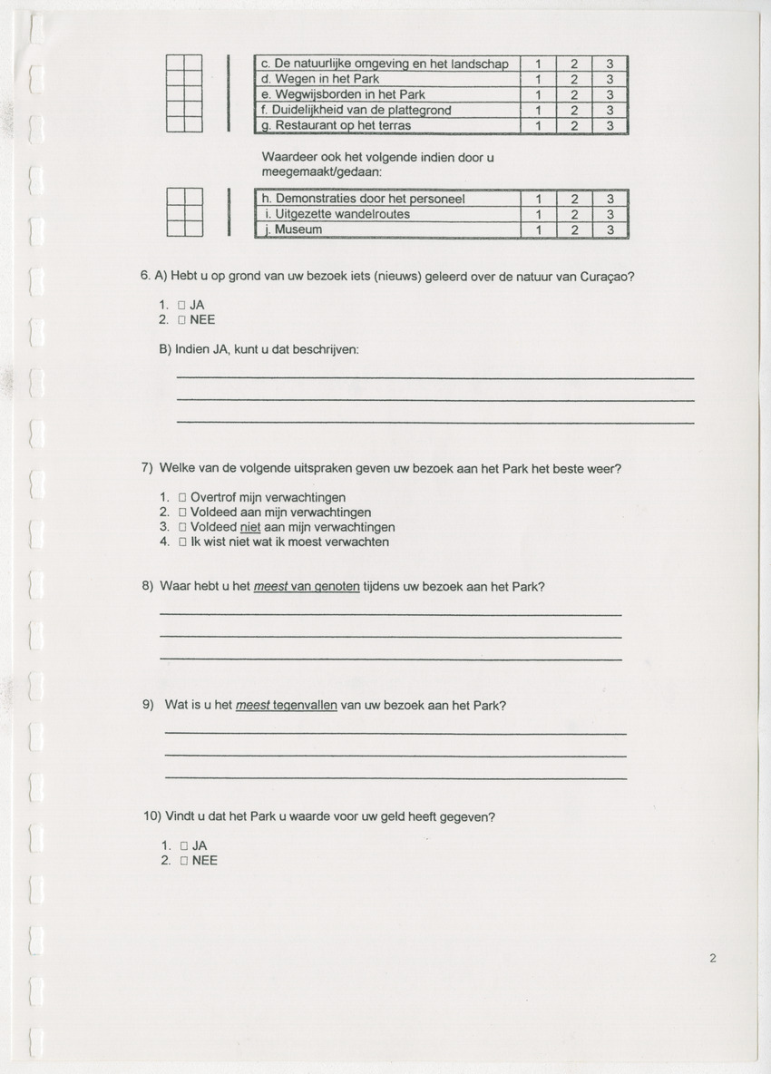 The Christoffel National Park Questionnaire: A survey done among visitors (tourists and locals) in July and August 1996 - New Page