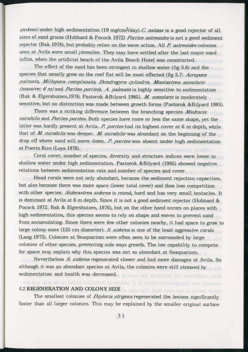 Z Regeneration of Siderastrea siderea in relation to sedimentation and of Diploria strigosa and Porites astreoides to colony size, and the influence of sedimentation on the coral community - New Page