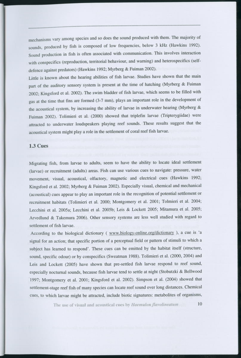 Z Habitat selection by coral fish - Use of visual and acoustical cues by Haemulon flavolineatum - New Page
