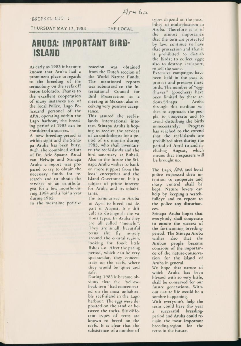 Z Report on 1984 survey of marine birds of Aruba, Netherlands Antilles - New Page