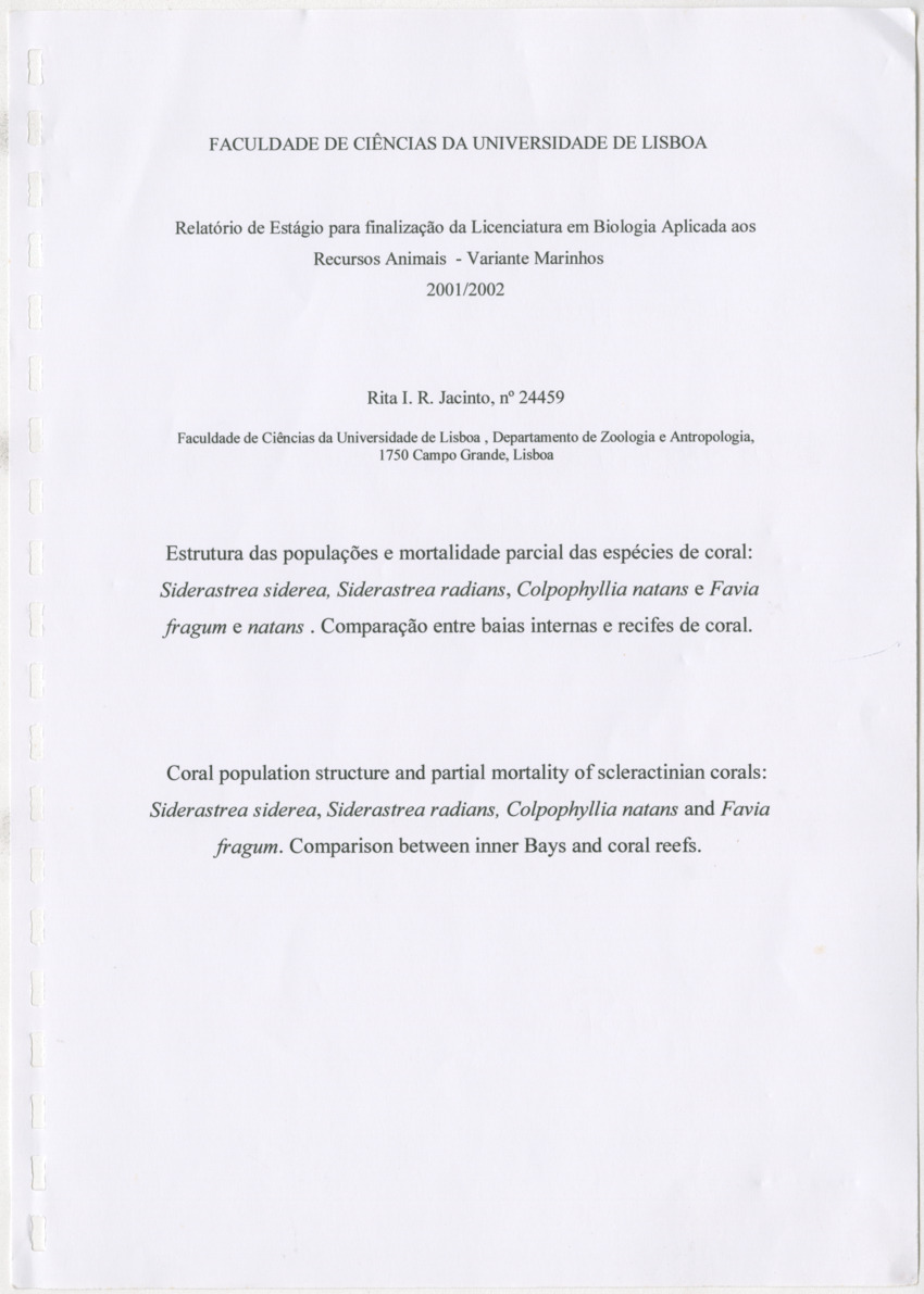 Coral population structure and partial mortality of scleractinian corals: Siderastrea sidera, Colpophyllia natans and Favia fragum. Comparison between inner bays and coral reefs - New Page