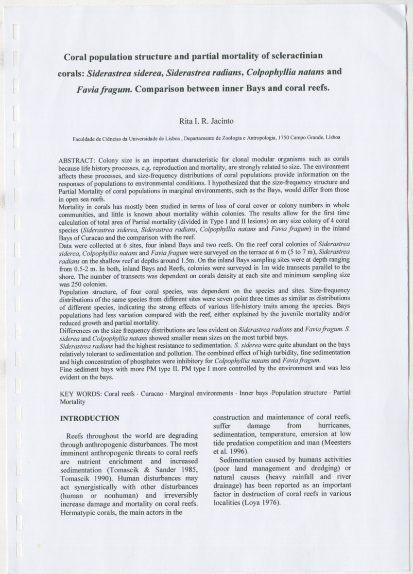 Coral population structure and partial mortality of scleractinian corals: Siderastrea sidera, Colpophyllia natans and Favia fragum. Comparison between inner bays and coral reefs - New Page